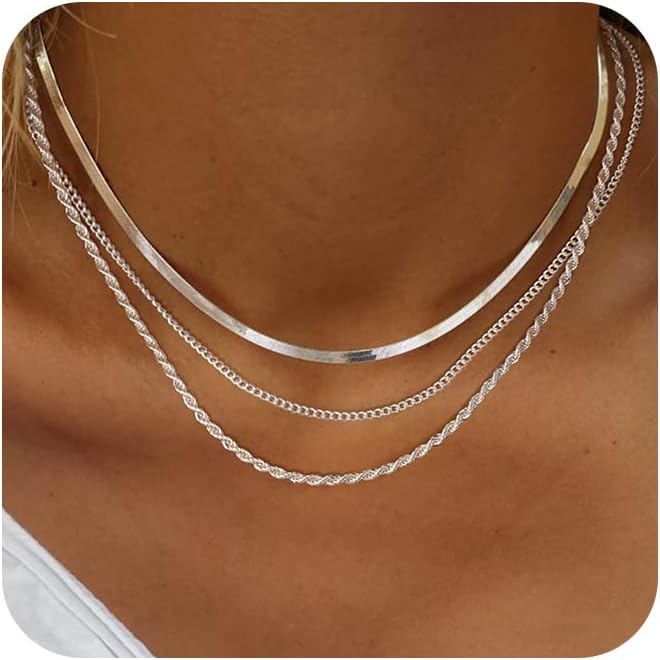 Women's Layered Necklace Set - 3 Piece Dainty Gold Jewelry for Everyday Stacking | 14K Gold Plated Snake Chain, Rope Chain, Cuban Chain | Adjustable Length 14-18.5 Inch | Gift Ready