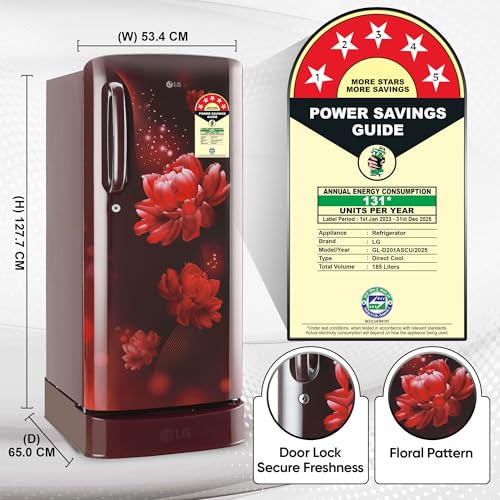 Image of LG 185 L 5 Star Inverter Direct-Cool Single Door Refrigerator (GL-D201ASCU, Scarlet Charm, Base stand with drawer)