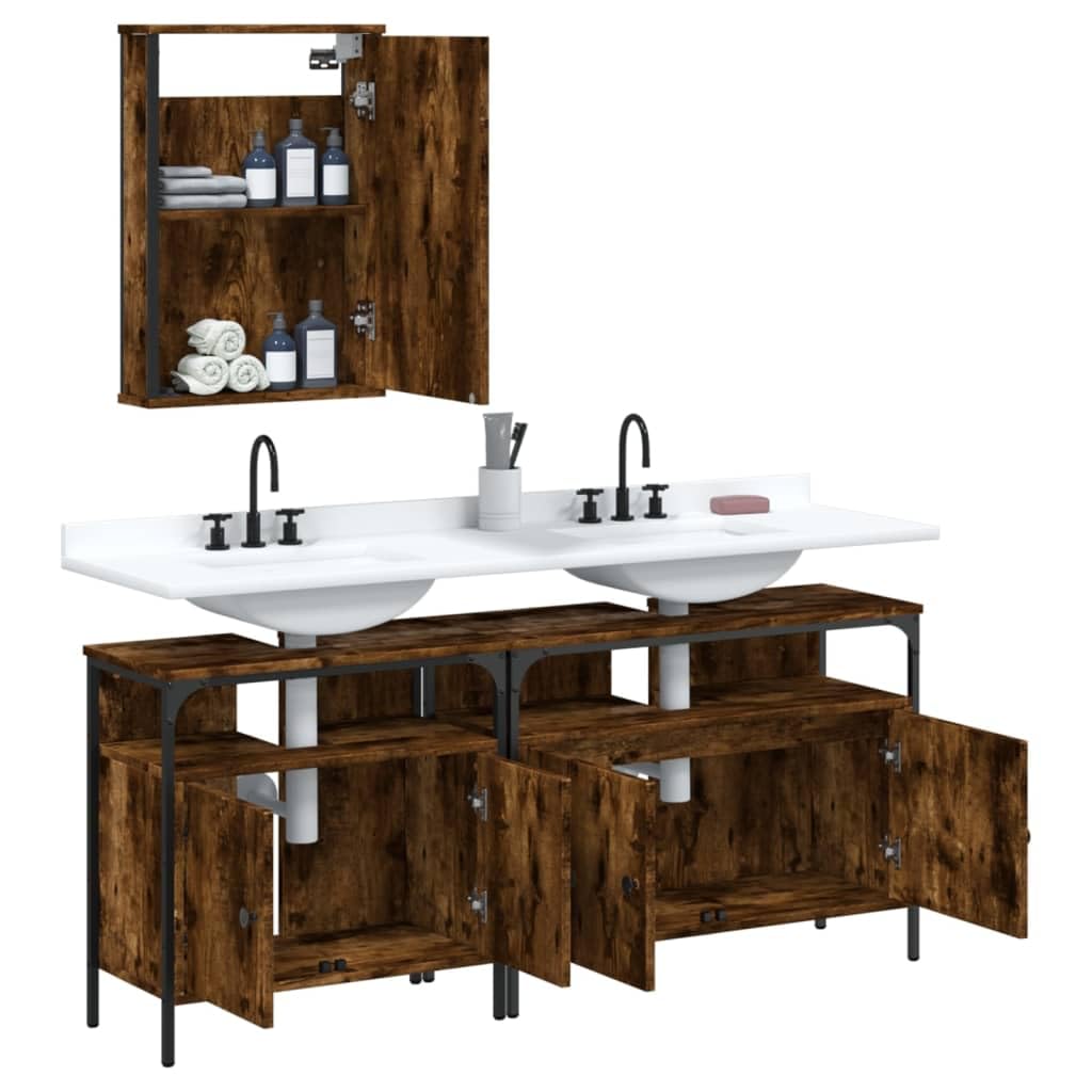 3-TLG. Badmöbel-Set Räuchereiche Holzwerkstoff mit Waschbeckenunterschrank und Spiegelschrank, viel Stauraum, platzsparendes Design, klare Spiegelglasfläche für Make-up und Rasur,