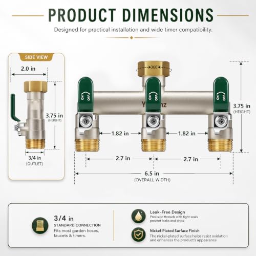 Yayamz Heavy Duty Brass Garden Hose Splitter - 3-Way 3/4" GHT Thread, High Flow Faucet Splitter, Water Hose T Spigot Splitter with Shutoff Valves, Water Adapter & Connector-Long Metal Handle by Yayamz - Image 8