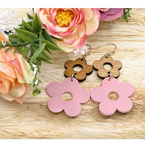 Wood Leather Daisy Dangle Earrings 2’’. Fashion Lightweight Earrings2
