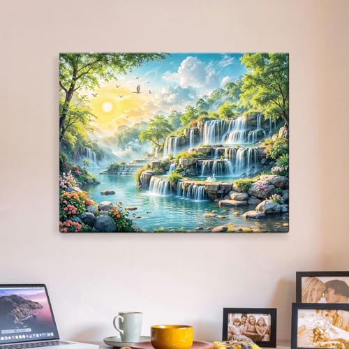 Image of ArtX Canvas Step Waterfall Painting Vastu, Big Size Scenery, Water Stream, Mountain Painting Vastu Water Fall, Multicolor, Nature, 58.0 X 45.0 cm, Set of 1