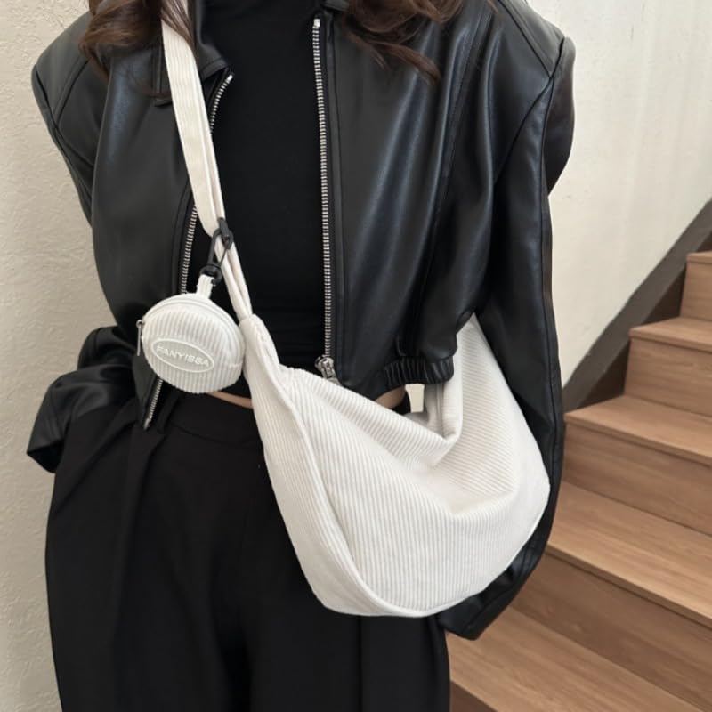 Shoulder Bag for Women, Soft Corduroy Crossbody Bag with Adjustable Strap and Detachable Small Pouch4