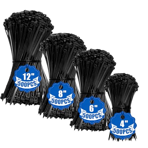 YUZE-WZDQ Zip Ties Black 2000 Pack Assorted Sizes 4+6+8+12 Inch, Heavy Duty Cable Ties, UV Resistant Self-Locking Nylon Wire Ties for Home, Garden, Garage and Outdoor Cable Management