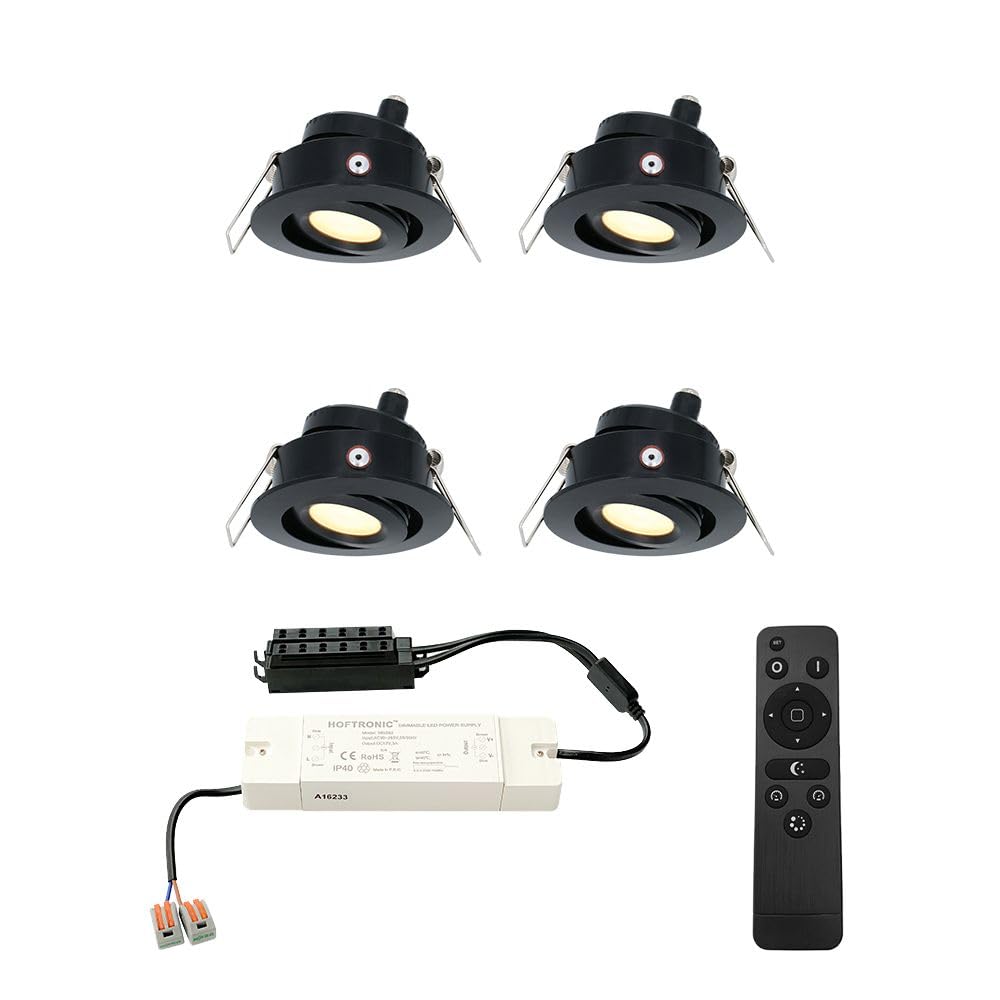 HOFTRONIC - Einbaustrahler Schwarz Feuchtraum Badezimmer 12V Terrassenüberdachung IP44 Wasserdicht | 4x3W 200 Lumen 2700K Warmweiß Dimmbar Schwenkbar Flach RF-Fernbedienung 3W Mini LED Einbaustrahler