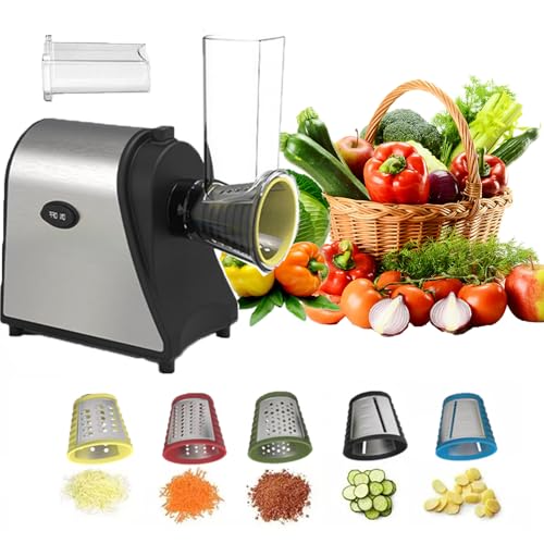 Vegetables Slicer, 1000W Electric Cheese Grater, detachable attachments and easy to clean, One-Touch Control with 5 Sets Stainless Steel of Blades for Veggies, Shredded Carrot, Zucchini