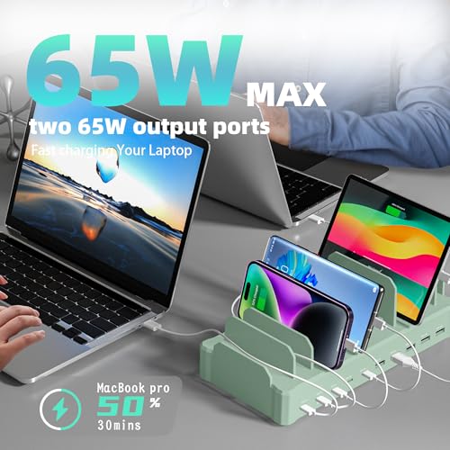Image of Charging Station for Multiple Devices, Zobirez 10-Port USB C Fast Charger Stations for MacBook, iPhone, Android Cell Phone, iPad, Tablet, Family Multi-Device Organizer Charging Dock, Green