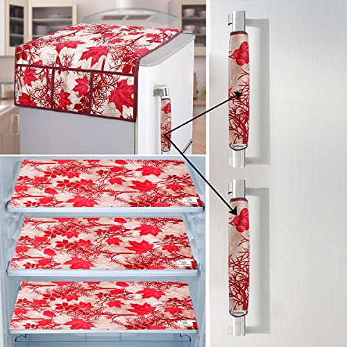 Image of Exclusive Combo Set of Appliances Cover (1 Pc. of Fridge Top Cover, 2 Pc. of Refrigerator Handle Cover and 3 Pc. Of Refrigerator Mat /Fridge Shelf Mat) (Color- Red, Design-Floral, Set Contains- 6 Pcs )