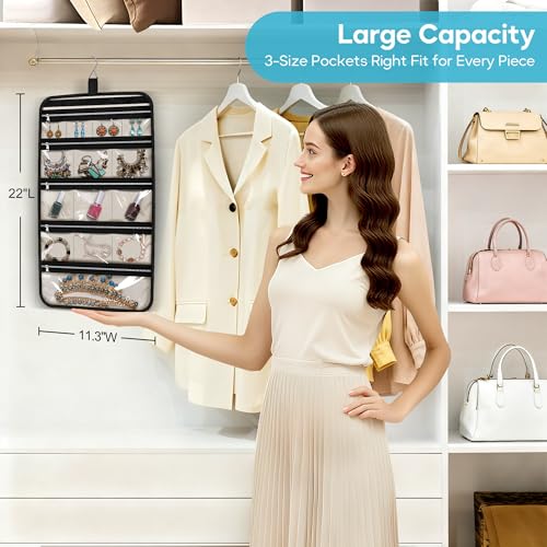 MISSLO Hanging Jewelry Organizer Travel Foldable Jewelry Roll Storage Case with 14 Cotton Zippered Pockets for Traveling, Closet, Suitcase - Image 3