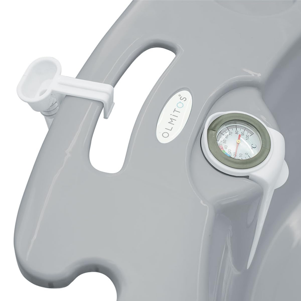 Olmitos - Cubeta Bañera para Bebé con Patas Plegables | Incluye Reductor Antideslizante y Termómetro de Agua, válvula de vaciado y cacito para agua | Desde 0+ Meses (Gris)