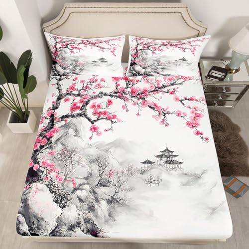 Erosebridal Japanese Flower Fitted Sheet Queen Cherry Blossom Bed Sheets Pink Floral Bedding Set for Kids Girls Teen Women,Ink Painting Fitted Bed Sheet Room Decor 3 Pcs