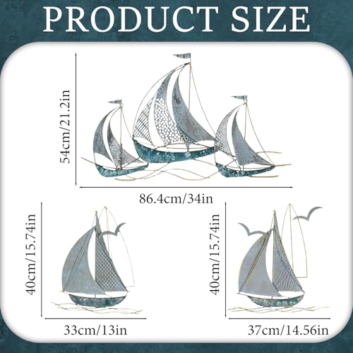 Edaknez Set Of 3 Metal Sailboat Wall Art, Metal Blue Ship Wall Decor, Coastal Nautical Metal Wall Art Decor, Large Sailing Boat Wall Sculpture thumb #1
