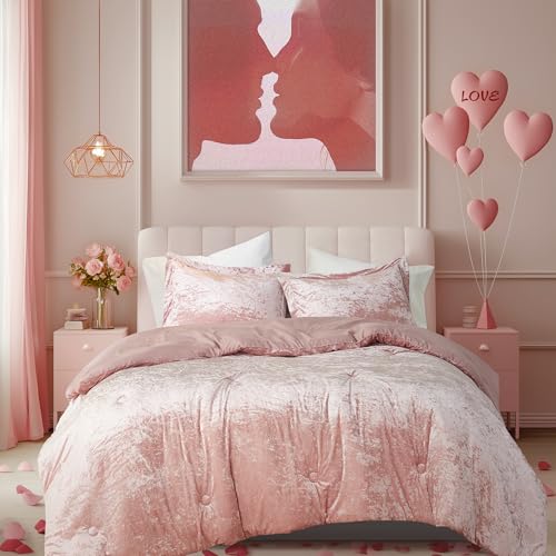 Luxurious Velvet Comforter Set for King Size Bed, Blush Pink