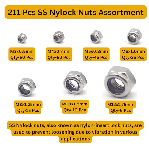 Image of Epi-Torque 211 Pcs Stainless Steel Metric Nylon Insert Lock Nut Assortment Kit - 7 Sizes: M3 M4 M5 M6 M8 M10 M12 With Plastic Storage Box