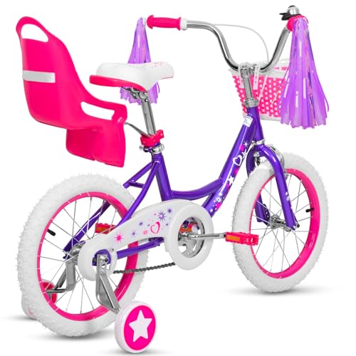Image of WEIZE Girls Bike for 3-12 Years Old Kids, 14 16 20 Inch Kids Bike with Training Wheels, Streamers, Basket and Doll Seat, Children Bicycles with Coaster Brake, Multiple Colors