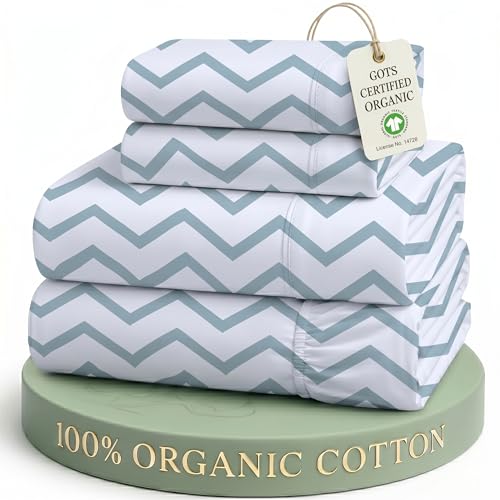 Image of LANE LINEN 100% Organic Cotton Printed King Sheets, Soft & Comfy Percale Sheets Naturally Temperature Regulating Mercerized Cotton Fully Elasticized Printed King Bedding Set-Chevron