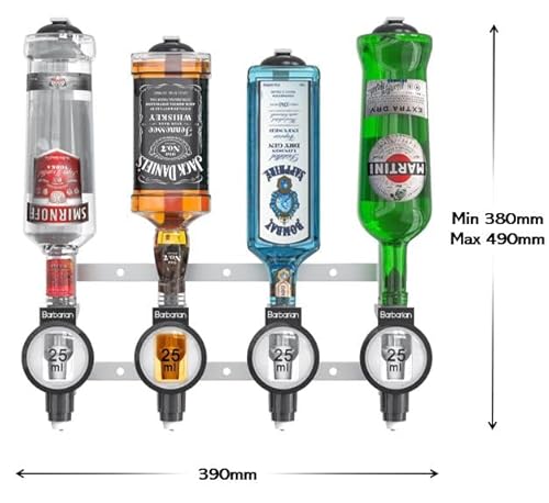 Foto von Barbarian 3/4/6 Flaschenoptik für Spirituosen - Bar Butler 25ml Shot Messung Halterung Alkohol getränkespender getränkeportionierer flaschenhalter Wand Männerhöhle (4 Bottle Professional)
