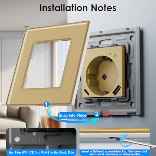BSEED Wlan Schuko Steckdose mit USB C 20W Schnellladegerät,Smart Wifi Steckdose Unterputz mit Strommessung,Arbeit mit Alexa/Google Home,Stromzähler für Wandsteckdose mit Smart Life App,1 Fach Gold
