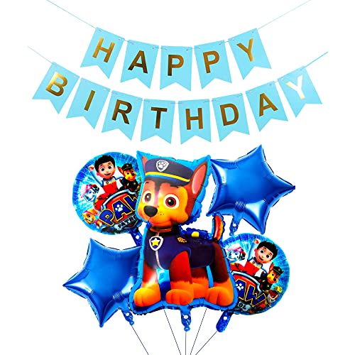 Image of Propsicle Paw-Ptrol Foil Balloon Pack of 5 with Happy Birthday Blue Fishtail Flags Pack of 1 Baby Birthday Party Supplies Item