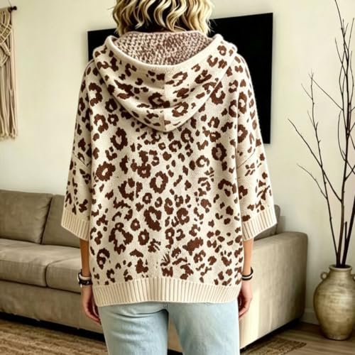 Women Leopard Hooded Knit Sweater Leopard Print Hoodie 3/4 Sleeve Hoodies - image 3