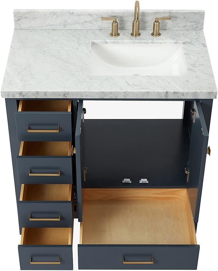 DKB Beckford 36" Midnight Blue Single Bathroom Vanity with Sink, 1.5" Edge Carrara Marble Countertop, Rectangular Undermount, 2 Soft Closing Doors, 5 Dovetail Drawers
