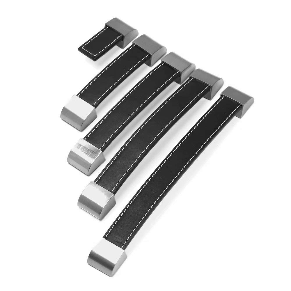 10 Stück Schranktürgriffe, handgefertigt, Leder, Koffergriff, schwarzer Knopf, Kommode, Schublade, Türgriff, PU-Leder, Küchengriffe, Lochmitten 160 mm (Schwarze Lochmitten 128 mm)