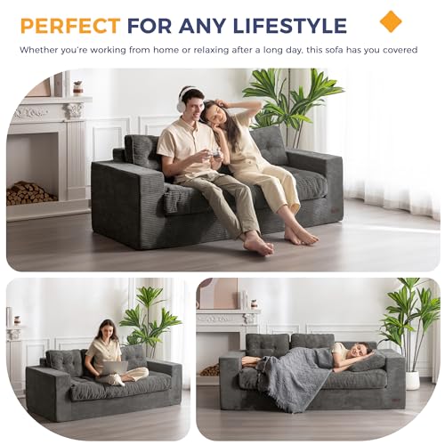 MAXYOYO 3 Seater Couch for Living Room, Boneless Couch with Tufted Cushion & Backrest, Upholstered Floor Sofa with Armrests, Sofa in A Box, No Assembly Required, Dark Grey