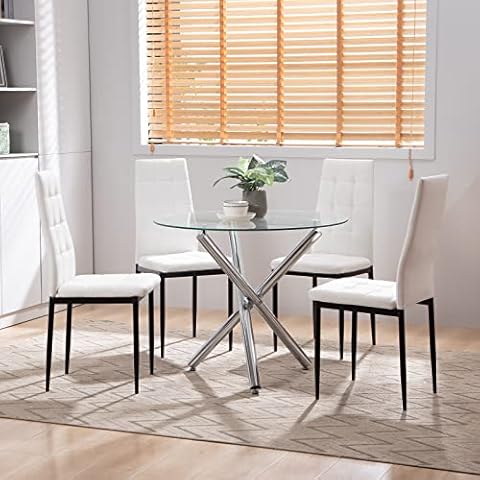 SICOTAS Runder Esstisch mit 4 Stühle Set Morderne Essgruppe Glastisch Küchentisch Küchenstuhl Esstisch Esszimmerstühle Esszimmergruppe Tisch Glas und Stuhl für Wohnzimmer Esszimmer Küche 90 cm Weiß Cover