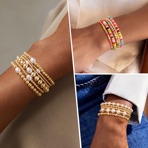 M MOOHAM Gold Beaded Bracelets for Women - 14k Real Gold Plated Beaded Pearl Bracelet Set Stack for Women Trendy Non Tarnisn, Adjustable Stretch Bracelet Jewelry Gifts for Teen Girls Women4