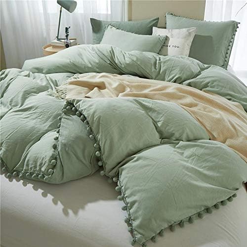 Pom Pom Duvet Cover Queen Size - 3 Piece Boho Bohemian Farmhouse Microfiber Comforter Cover Set - Soft and Lightweight Quilt Cover, Solid Sage Green Pompom