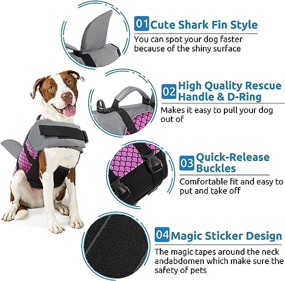 Olpad Unique Shark Fin & Mermaid Scale Dog Life Jacket with Rescue Handle, D-Ring for Leash and High Visibility, Adjustable and Reflective Pet Life Vest for Swimming, and Water Safety (Pink, L) 2