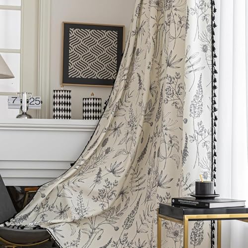 Image of Black Floral Curtains 84 Inches Long, Boho Farmhouse Light Filtering Rod Pocket Drapes with Tassel Trim for Bedroom Living Room, 2 Panels