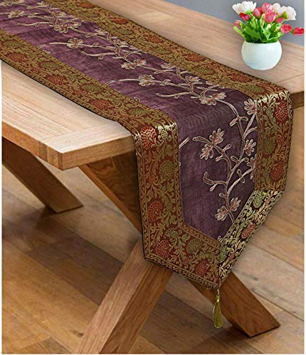 Image of Coffee & Purple Table Runner Cloth for Dining Table Long Ari Zari Embroidery Banarsi Indian Satin Ethnic 72 Inch Runner Up with Tassels Living Room Tablecloth Overlay