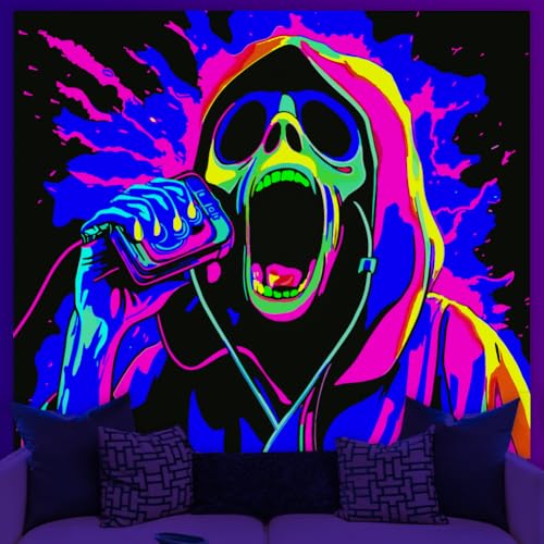 WEBEEDY Horror Face Glow in The Dark Tapestry UV Reactive Skull Aesthetic Tapestry Halloween Glowing Art Poster Party Backdrop 59"X51"/150X130cm - Image 6