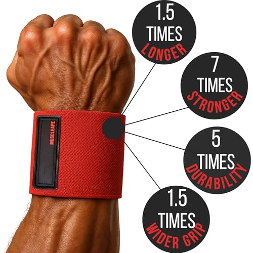 Image of Muscleape Wrist Wraps for Gym | SuperFabric Strength Support Straps for Heavy Lifting, CrossFit & Powerlifting | Adjustable Compression Wrist Support for atheletes- Superb Workout Wrist Stability & Protection. (Red, 14 Inches)
