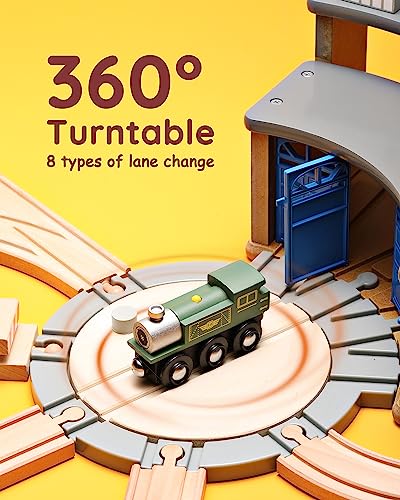 SainSmart Jr. Wooden Train Track with Roundhouse - Railway Toy for Toddlers, Double-Side Tracks Compatible with with All Major Brands - Wood Toy Train for Aged 3+