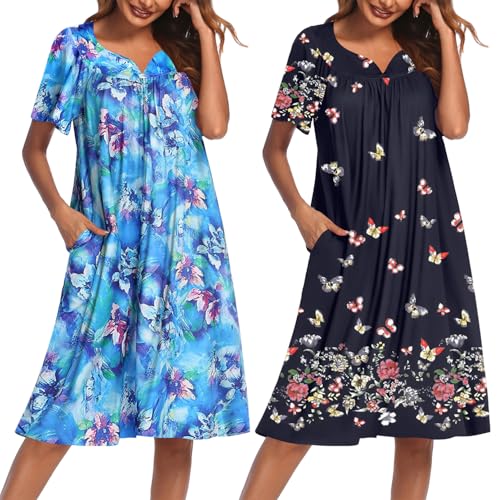Image of Ekouaer 2 Pack House Dresses for Women with Pockets Short Sleeve Moo Moos Floral Print Mumu Dresses