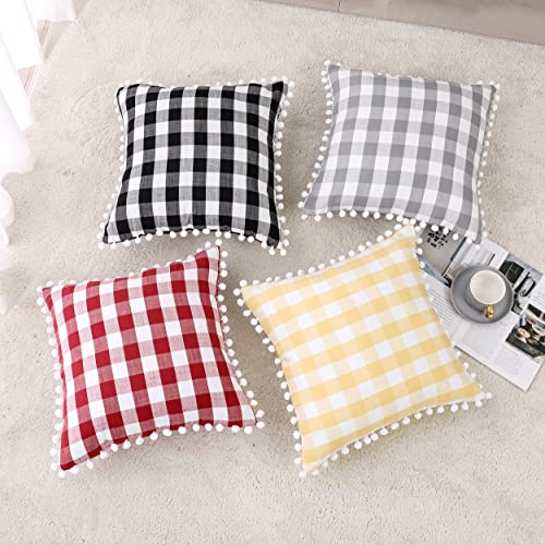 Zjdecor Buffalo Plaid Fall Throw Pillow Covers Set Of 2, Gingham Check Farmhouse Square Pom Pom Throw Pillow Case Cushion Cover For Couch Car Sofa Home Decor, 18 X 18 Inches, Black And White #TOP6