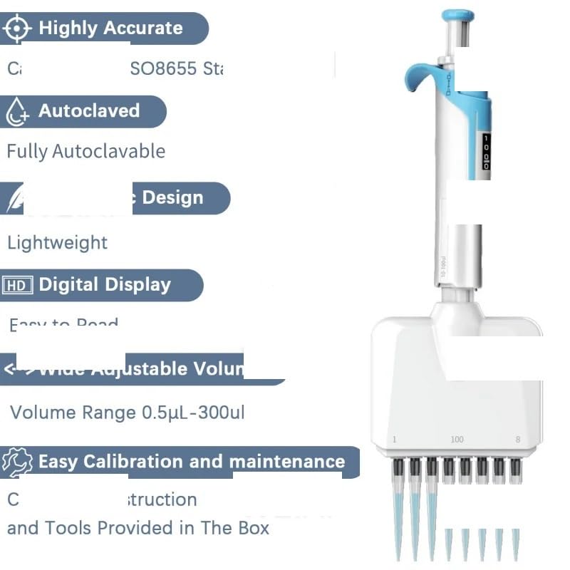 Micropipeta Ajustable de 10-100 ul/30-300 ul, Totalmente Manual, de 8 Canales for Laboratorio.(8 Channel 30-300ul)