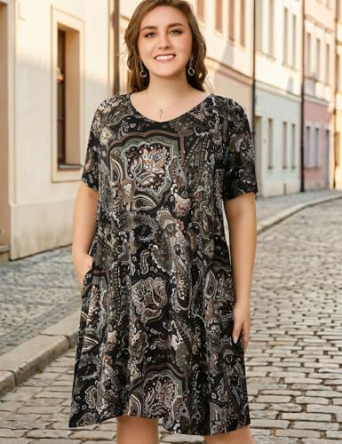 Image of OVERWORETY Womens Short Sleeve Plus Size T-Shirt Dress V Neck Casual Loose Swing A-Line Summer Tunic Dresses with Pockets