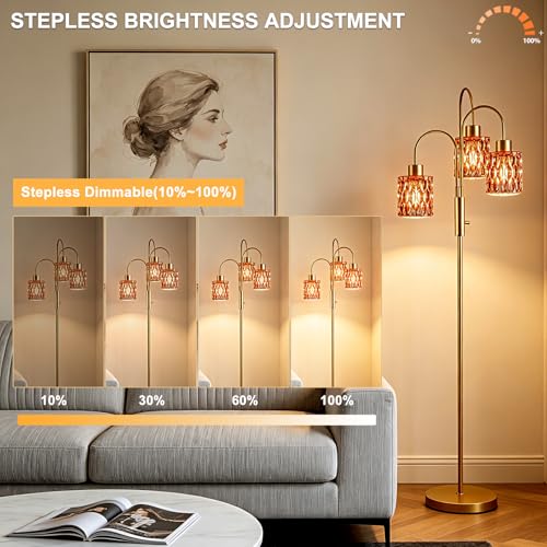 Image of 70 inch Glass Floor Lamp, 3-Light Gold Dimmable Standing Tall Lamp with Deep Red Glass Shades &3PCS 3000K Warm White Bulbs for Wedding /Party, Modern Tree Pole Lamp for Living Room Bedroom Home Decor
