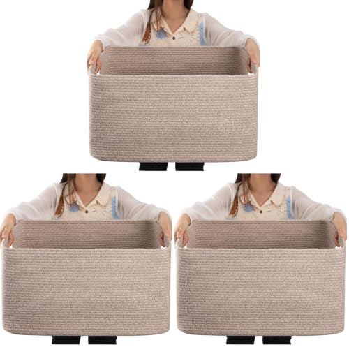 Image of OIAHOMY 75L Large Blanket Basket, 22 inchx17 inchx12 inch Woven Cotton Rope Storage Basket with Handle for Organizing Blanket and Toys for Living Room, Nursery, Brown Variegated (Pack of 3)
