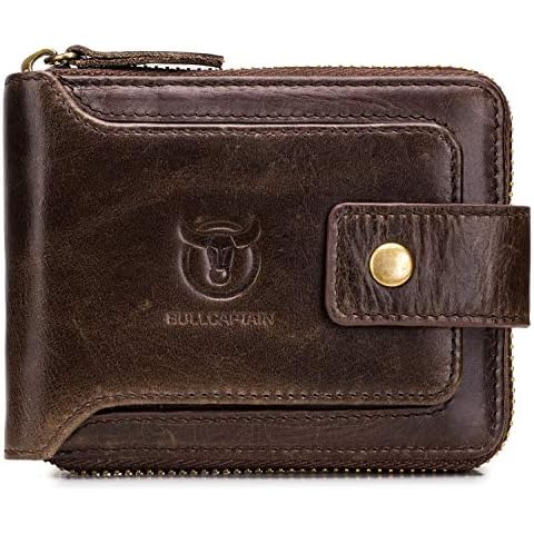 BULLCAPTAIN Men Zipper Around Wallet Genuine Leather RFID Blocking Bifold Large Capacity Coin Purse with ID Window (Brown) Cover