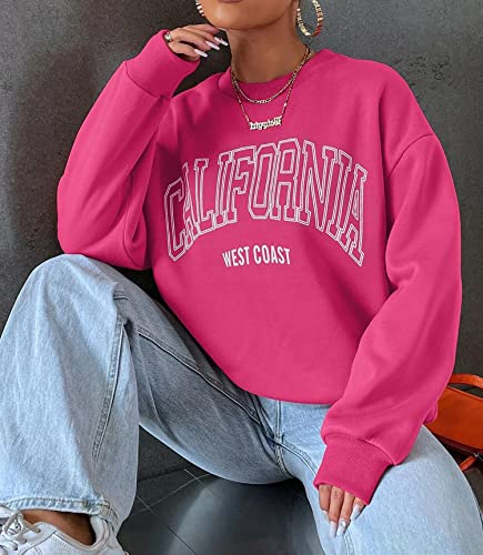 Cioatin Women’s Oversized California Letter Graphic Crew Neck Sweatshirt Drop Shoulder Baggy Fleece Pullover Preppy Top Hot Pink #TOP4