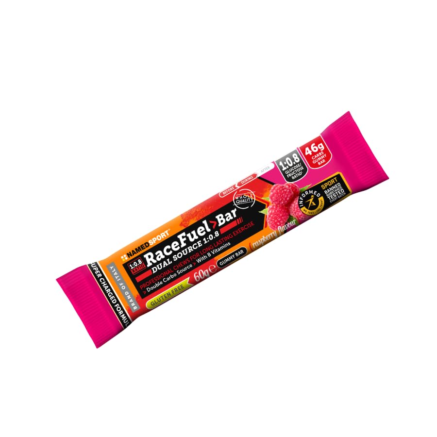 NAMEDSPORT Race Fuel Bar Raspberry 20 x 60g | Barrette Energetiche Ciclismo, Running e Triathlon | Barrette Carboidrati 46g | Snack per Sport e Pre Workout Senza Glutine | Vitamina B