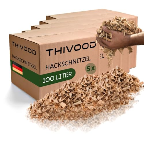 THIVOOD Hackschnitzel 500 Liter für den Garten - Ideal für Hackschnitzelheizung und als Anzünder - trockene Kiefer Holzhackschnitzel - Rindenmulch-Ersatz für Spielplatz, Gartenwege und Beete