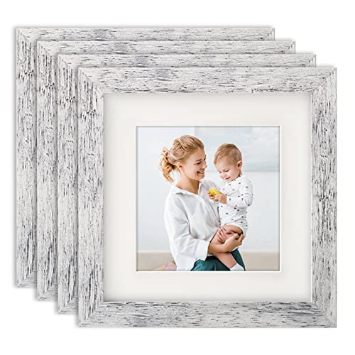 Aevete 6X6 Picture Frames Distressed White Rustic Square Frame With 4X4 Mat For Tabletop Wall Decor #TOP8