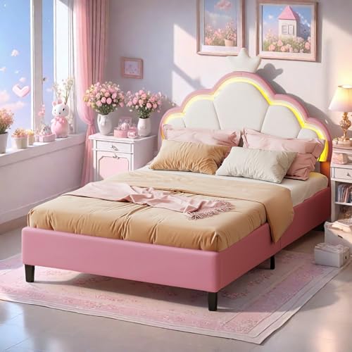 Cama tapizada para niños de 90 x 200 cm, iluminación LED, cabecero ajustable, cama de princesa, cama individual con somier, terciopelo, sin colchón (rosa, 90 x 200 cm)
