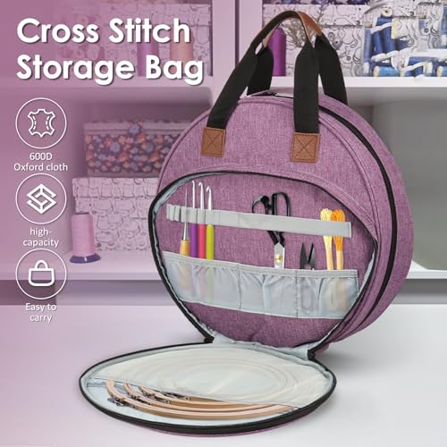 Image of Embroidery Project Bag, Embroidery Supplies Storage Carrying Tote Case with Multiple Pockets and Handle, Cross Stitch Bag, Double Layer Round Embroiderys Project Bags for Floss Hoops Thread (Purple)