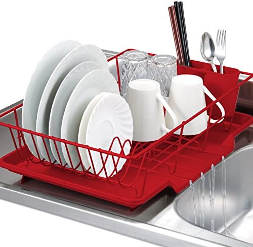 SKEMIX 3 Piece Kitchen Sink Dish Drainer Set - Red